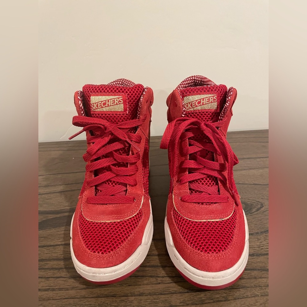 Skechers Red Superblast Leather Suede Sneaker Wedge High Top Women Size 7
